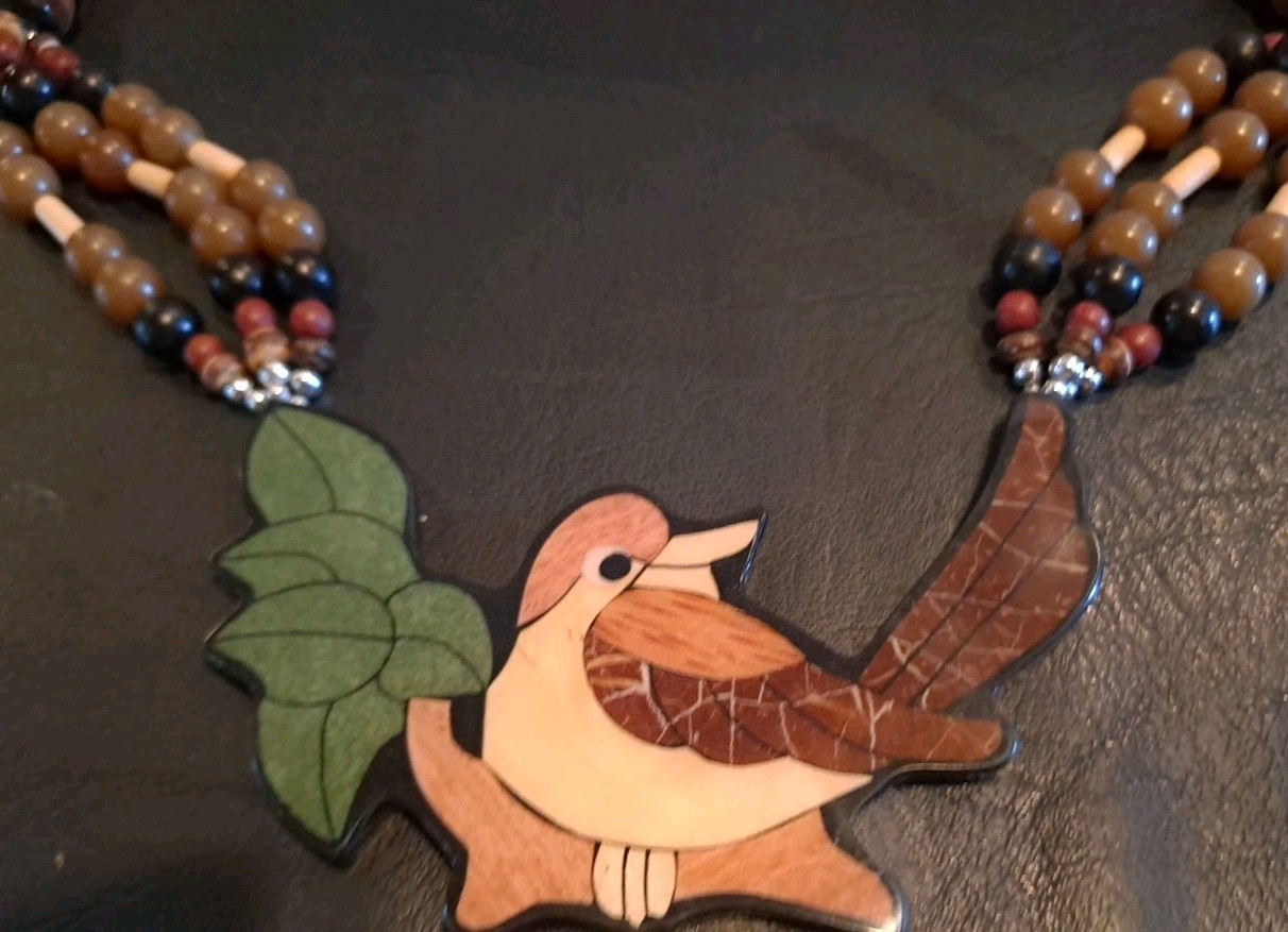LEE SANDS WOOD INLAY MOSAIC Bird Necklace Vtg Lee Sands Necklace Bird Necklace