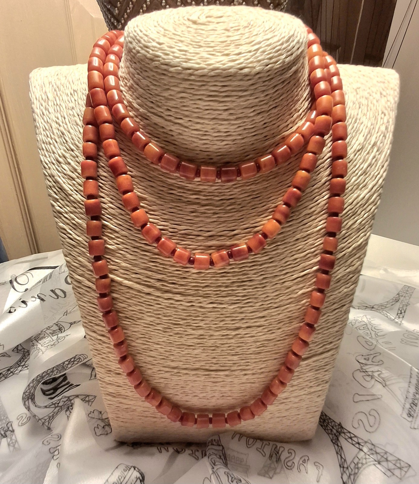 Vintage Necklace Genuine Orange Coral Barrel Red Glass Bead Spacers RARE 49″ ^