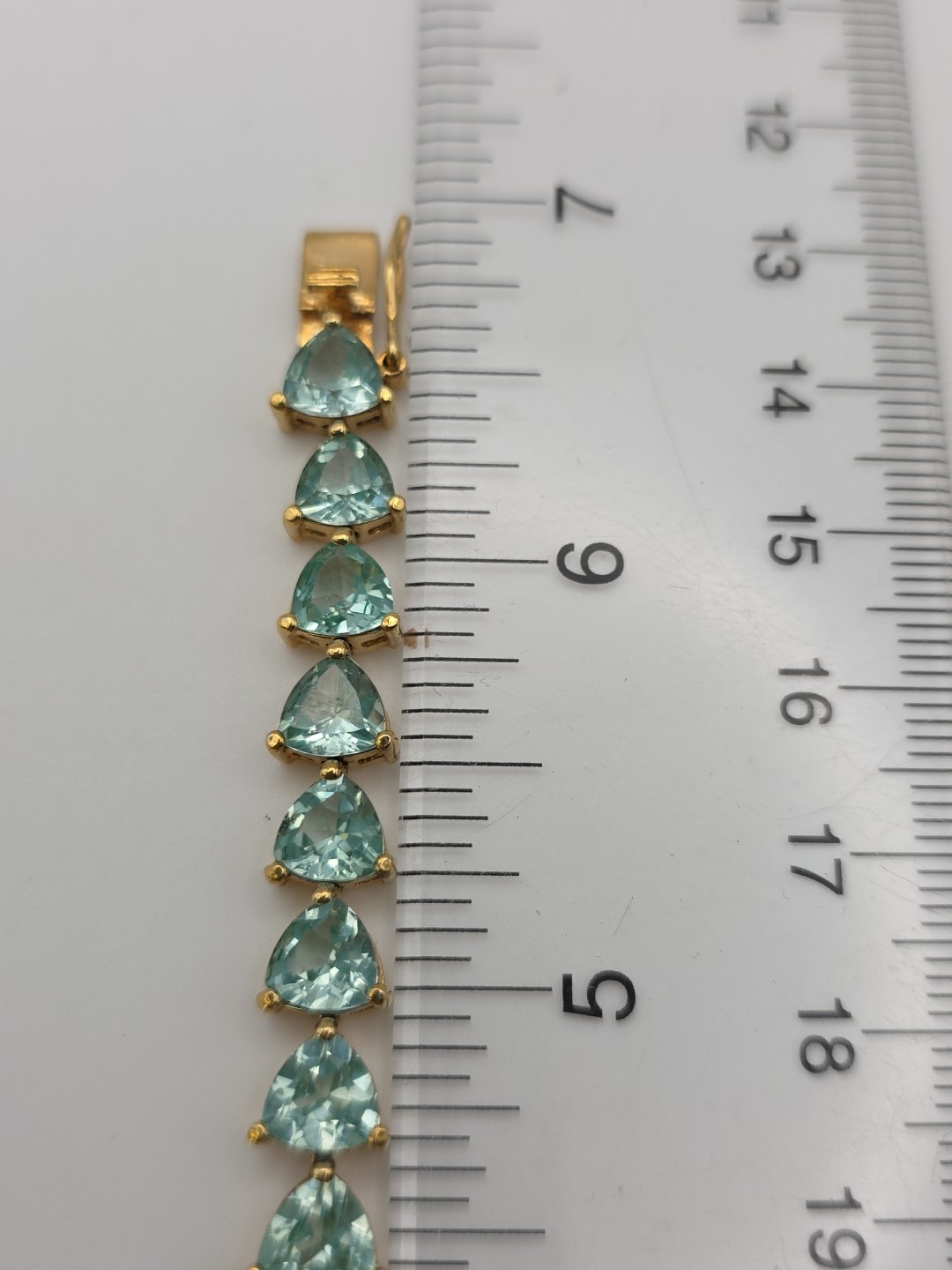 Aqua Blue Green Gold Vermeil Trillion Cut Faux Aquamarine Tennis Bracelet 6.75″