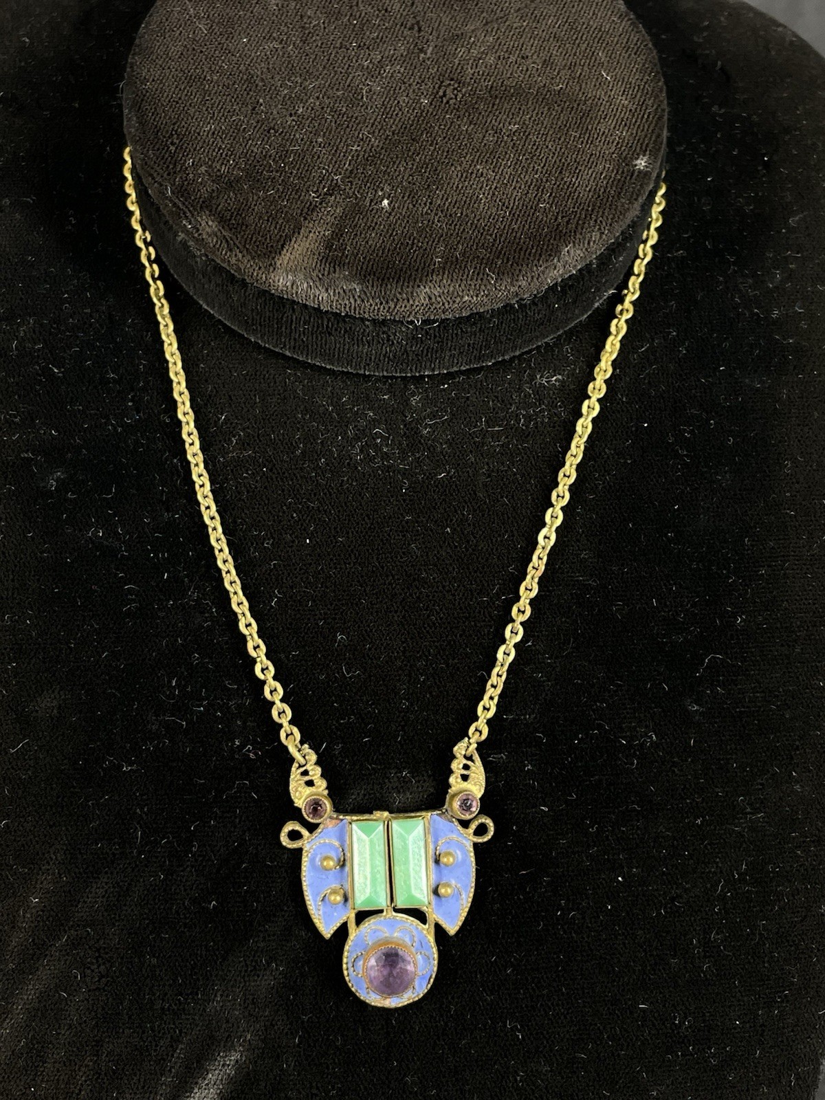 Art Deco Bright Blue Enamel With Green & Purple Stones 13”Choker Necklace