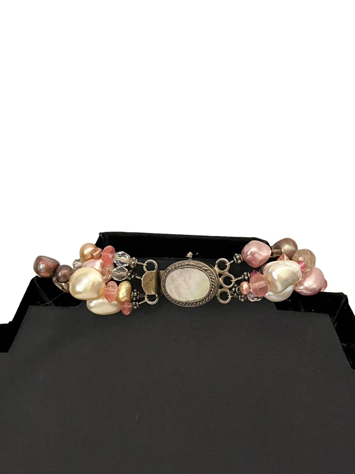 Vintage Faux Pearl Necklace 3 Strands Box Tab Clasp Made In India Pink Choker