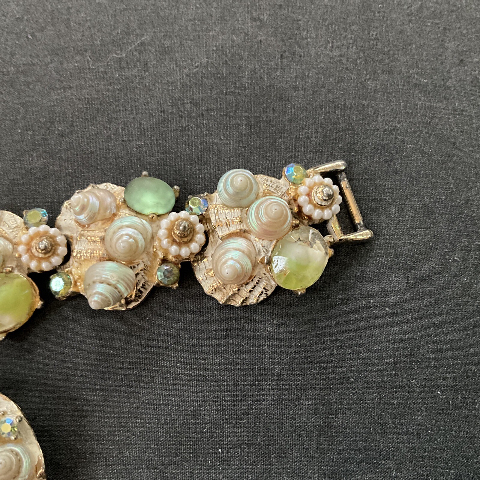 Vintage Art SEASCAPE Shells, Pearls, Rhinestone Bracelet and CLIP Earrings RARE!