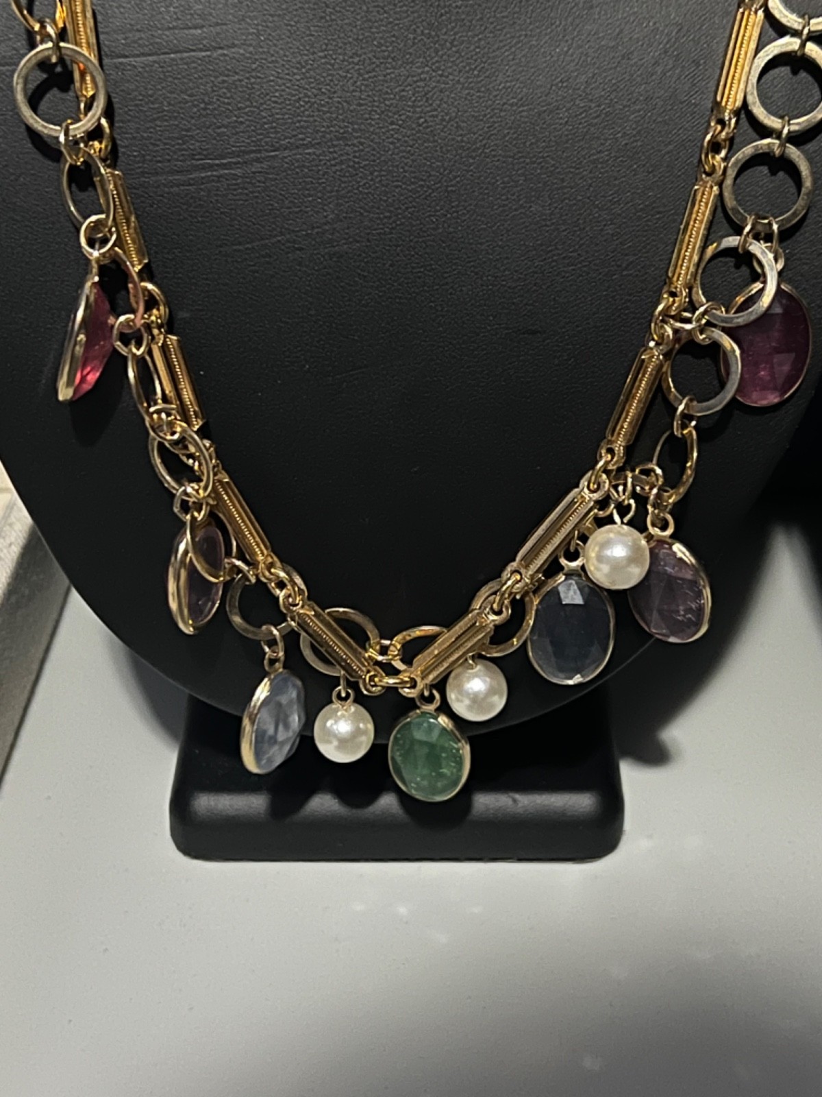 Vtg MONET Gold-tone Oval & Bar Link Station Necklace w/ Faux Gemstone & Pearls