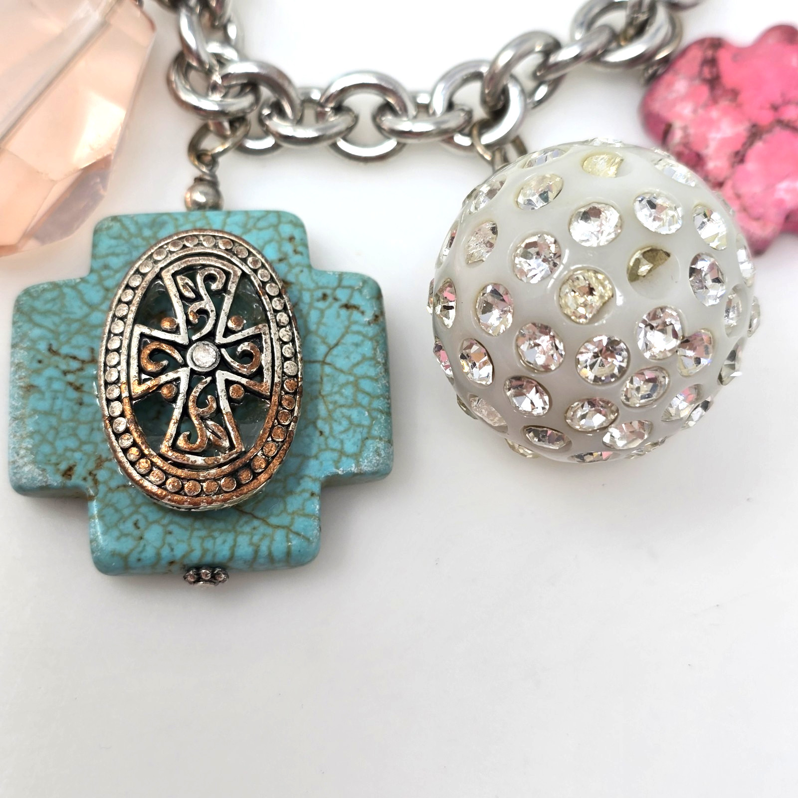 Vintage Tutti Frutti Beaded Charm Bracelet Silver Tone Stretch Heart Cross