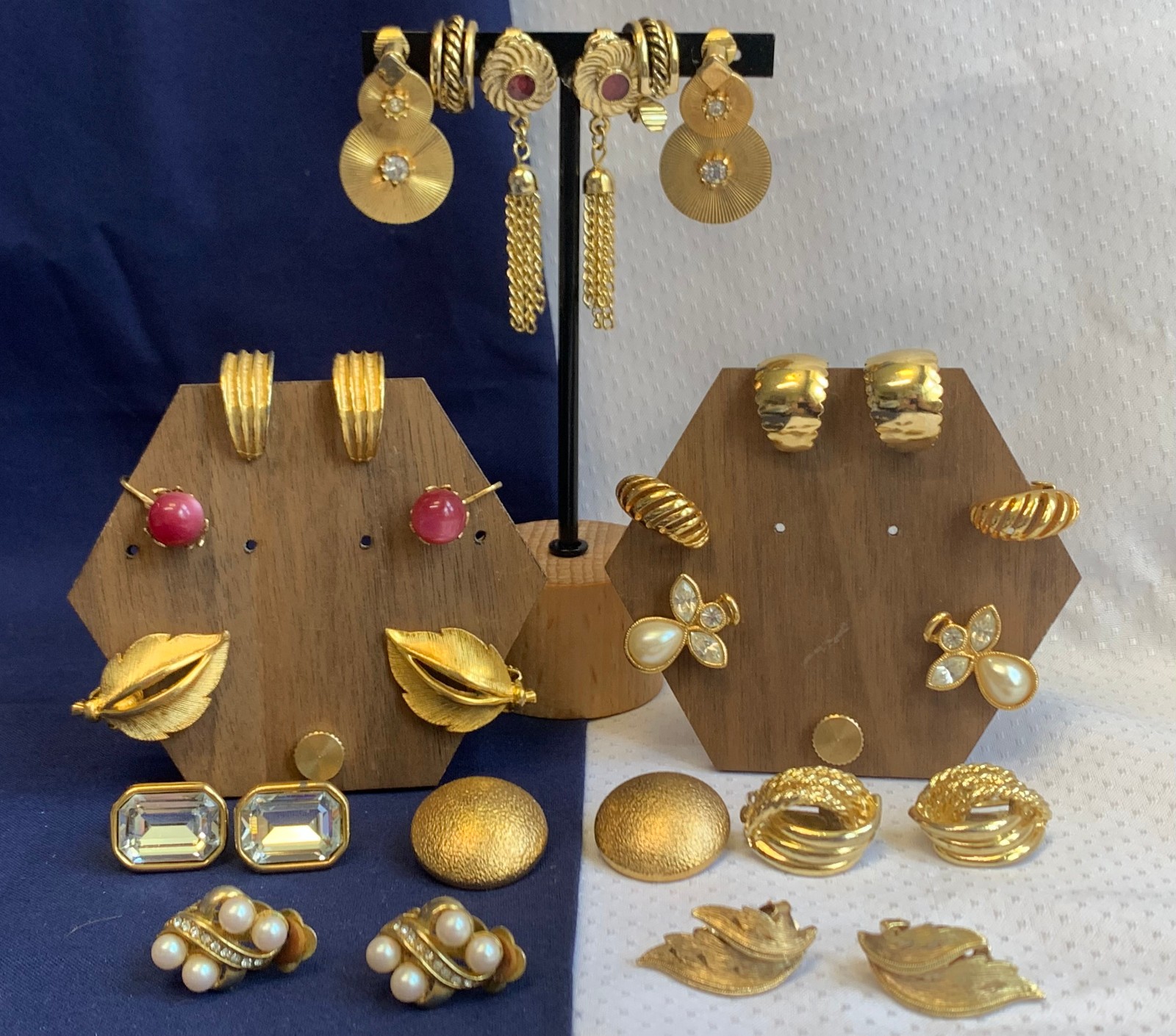 Vtg Clip-On Earring Lot Monet Sarah Coventry Avon Golden Faux Pearl / Gemstones