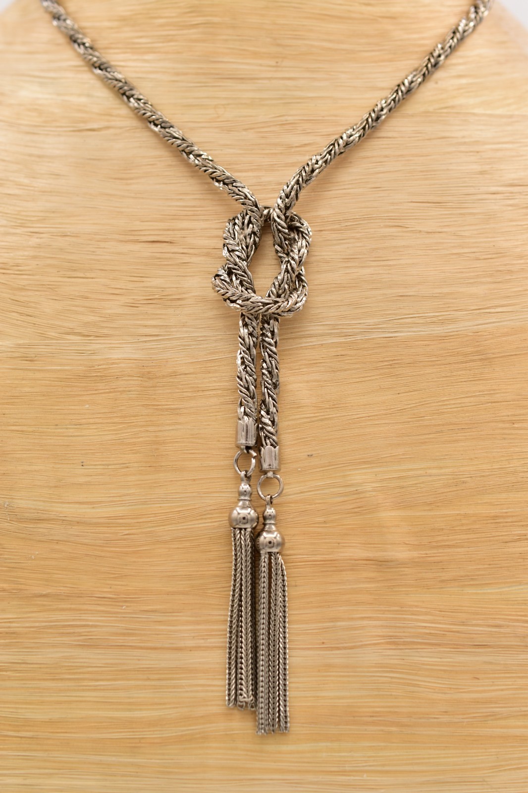 Vintage Silver Rope Knot Tassel Chain Necklace Statement Pendant 1980s BinBE