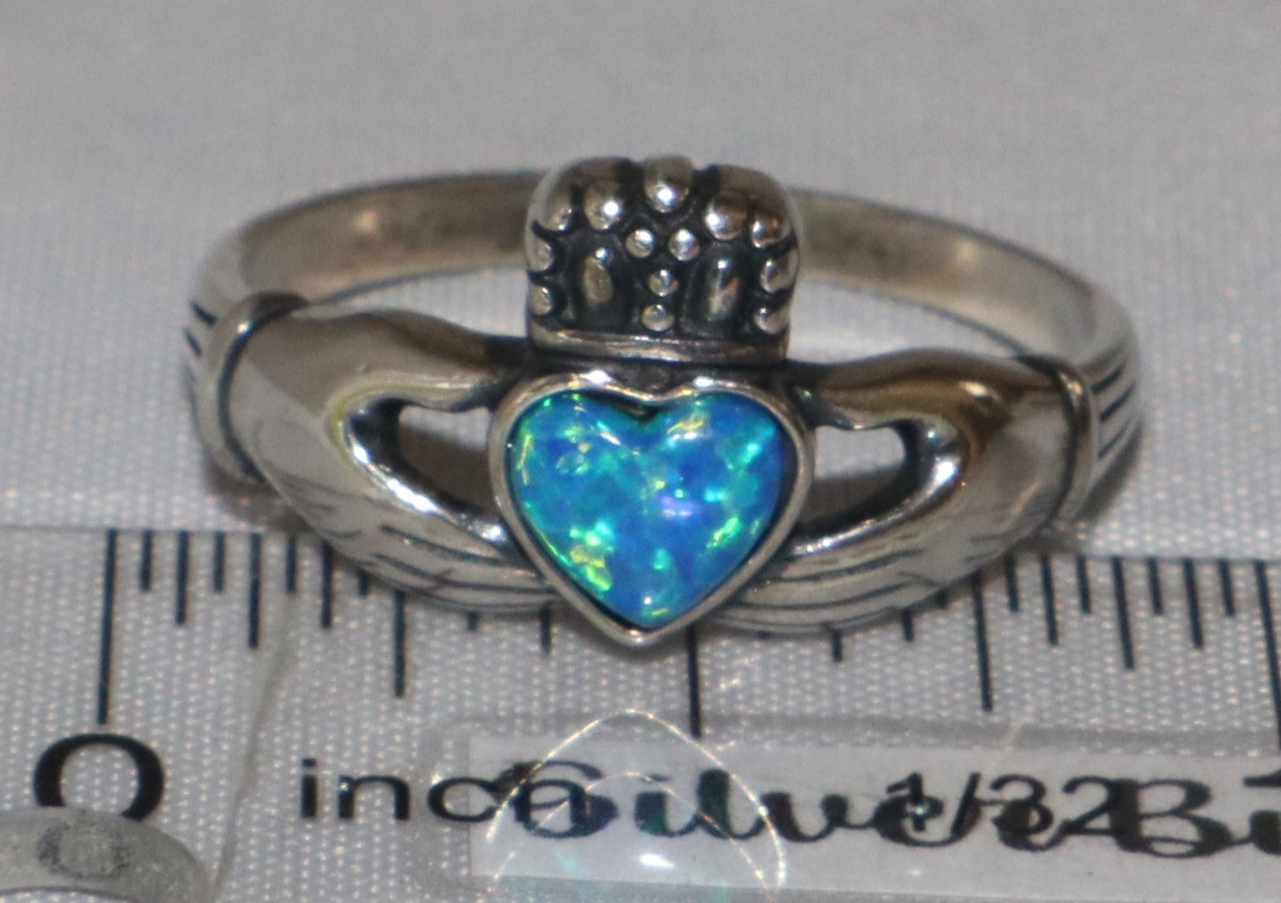 Vintage Sterling Silver Wheeler Lab Created or Faux Opal Claddagh Ring Size 9
