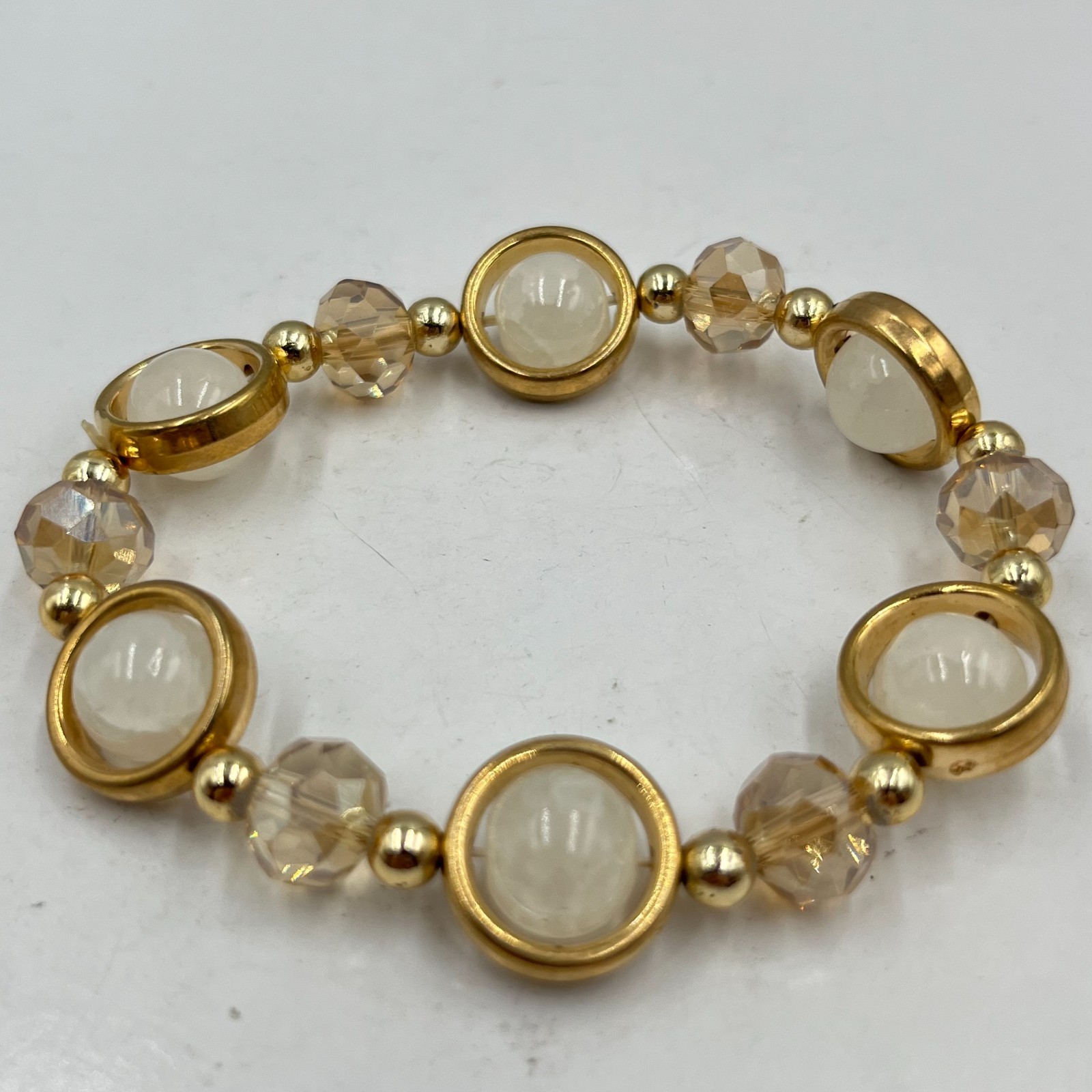 Vintage Gold Tone Halo White Stone Stretch Bracelet Champagne Crystal Retro