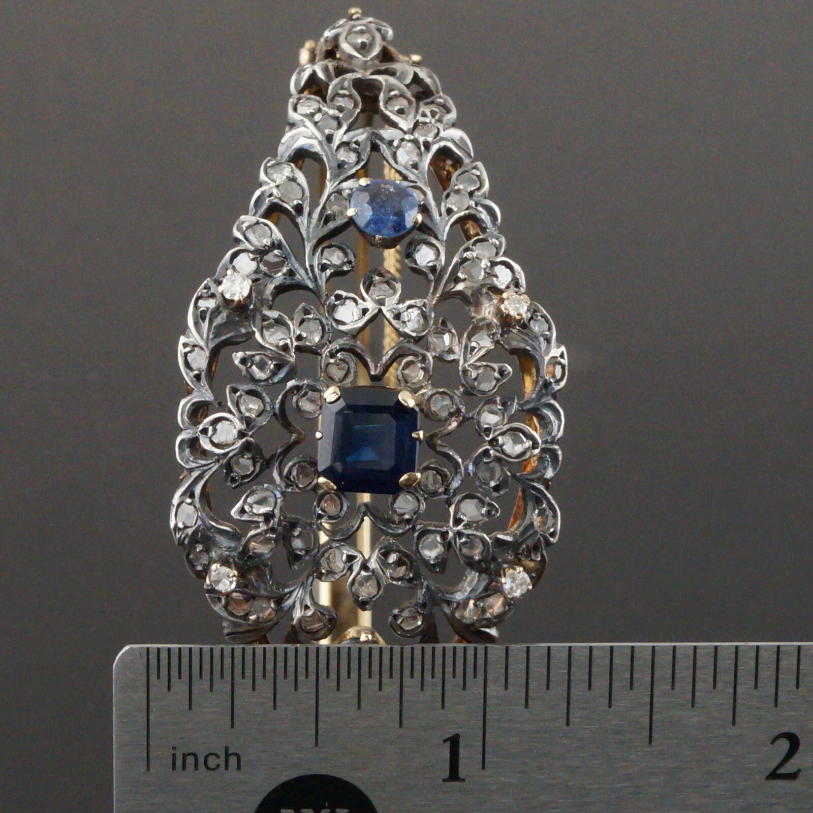 c1880 Solid 18K Yellow Gold, Silver, Rose Cut Diamond & Sapphire Bangle Bracelet