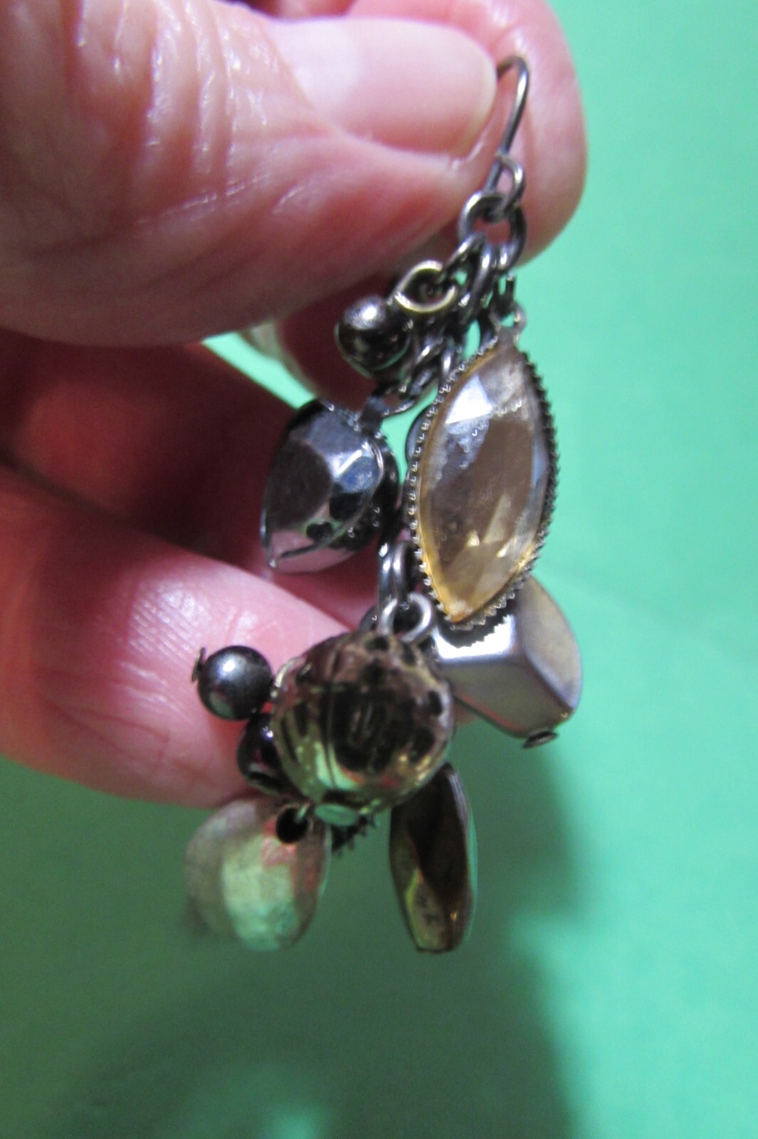 VINTAGE pierced earrings – silvertone/black/amber color metallic – about 3″ long