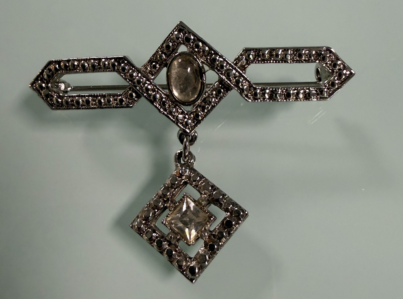 VTG Art Deco Revival Brooch Dangling Gemstones & Marcasite Focal Point