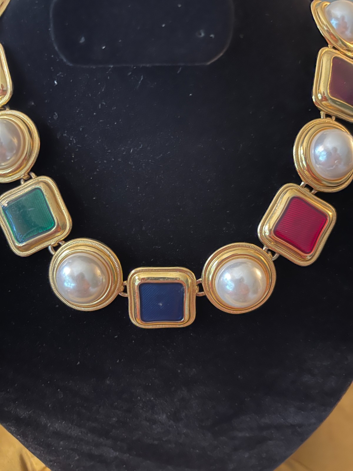 Vintage 1980s Gold Tone Statement Necklace Faux Pearl Jewel Tone Epoxy 18″ Toggl