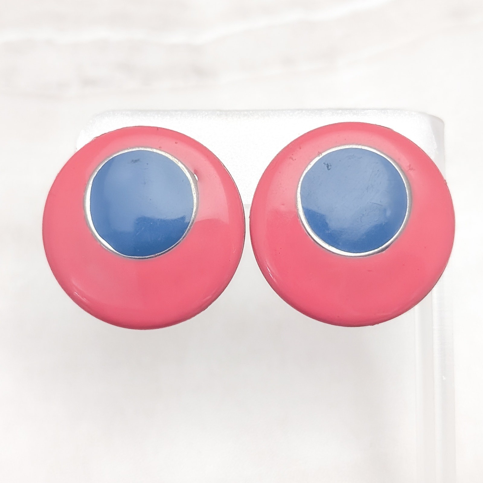 Vintage Clip On Earrings Large 1.25″ Muted Pink & Blue Contrasting Statement