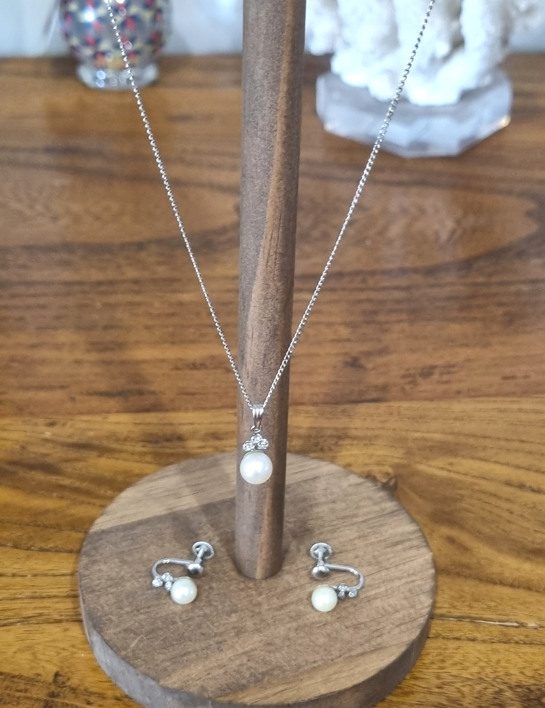 Vintage 12k White Gold Filled Cultured Pearl Topaz Pendant Earring Set See Video