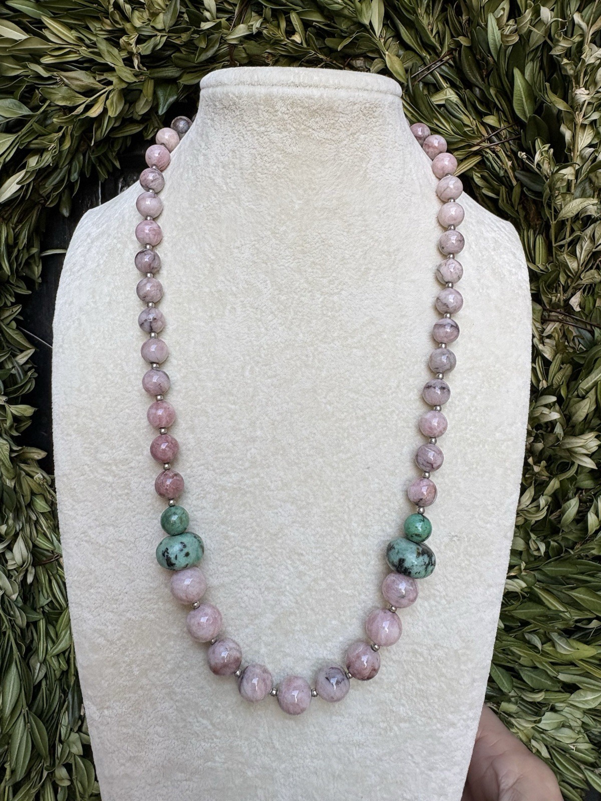 Unique Vintage Natural Stone, Pink And Green Necklace, Ornate Oval Box Clasp