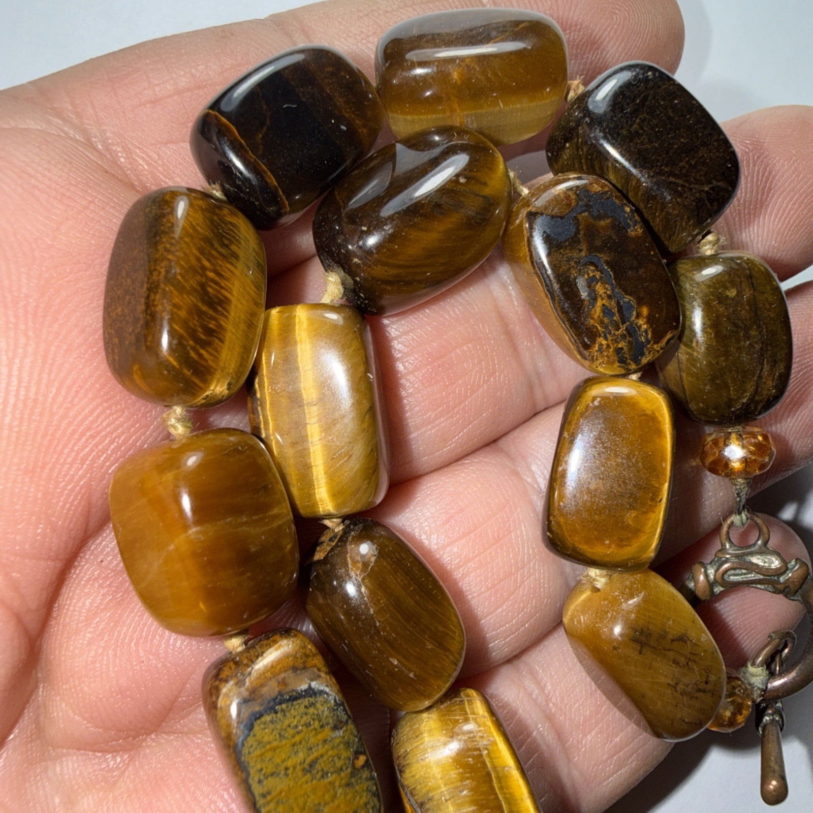 Necklace Big Jade Pendant Big Tigers Eye Beads Faceted Citrine Crystal 17” Old