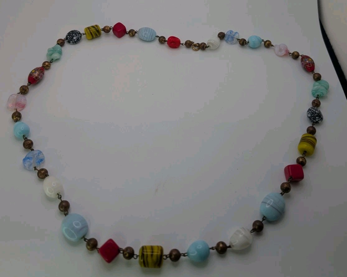 VTG Colorful Glass Metal & PlasticBead Necklace Painted Bronze Swirls Long