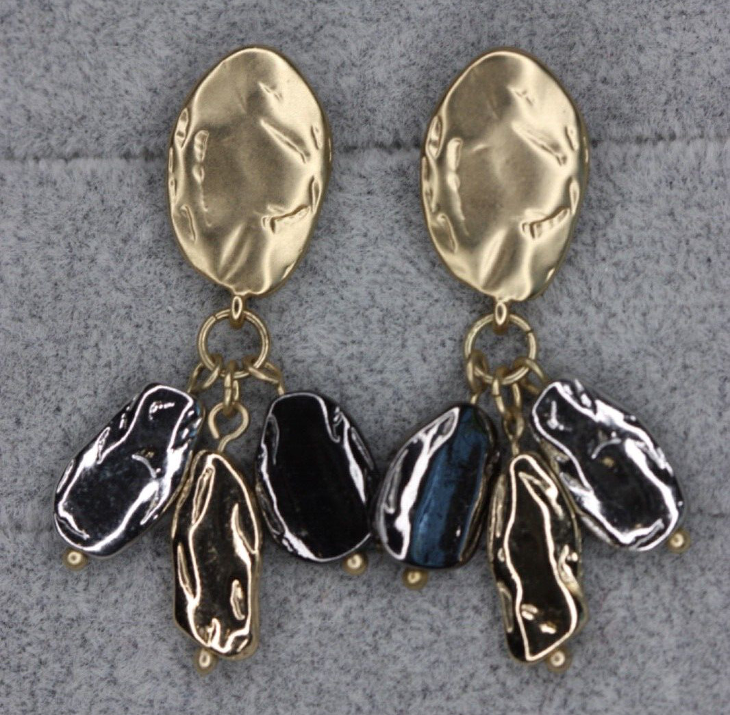 Hammered Tri-Tone Gold Silver Hematite Dangle Drop Beaded Pierced Post Earrings