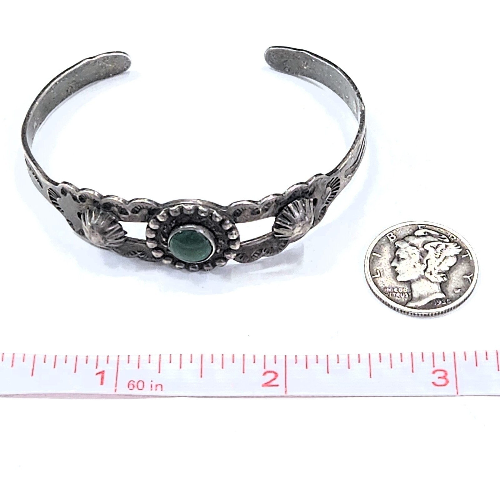 Vintage Fred Harvey Era Green Turquoise Small Sterling Silver Cuff Bracelet