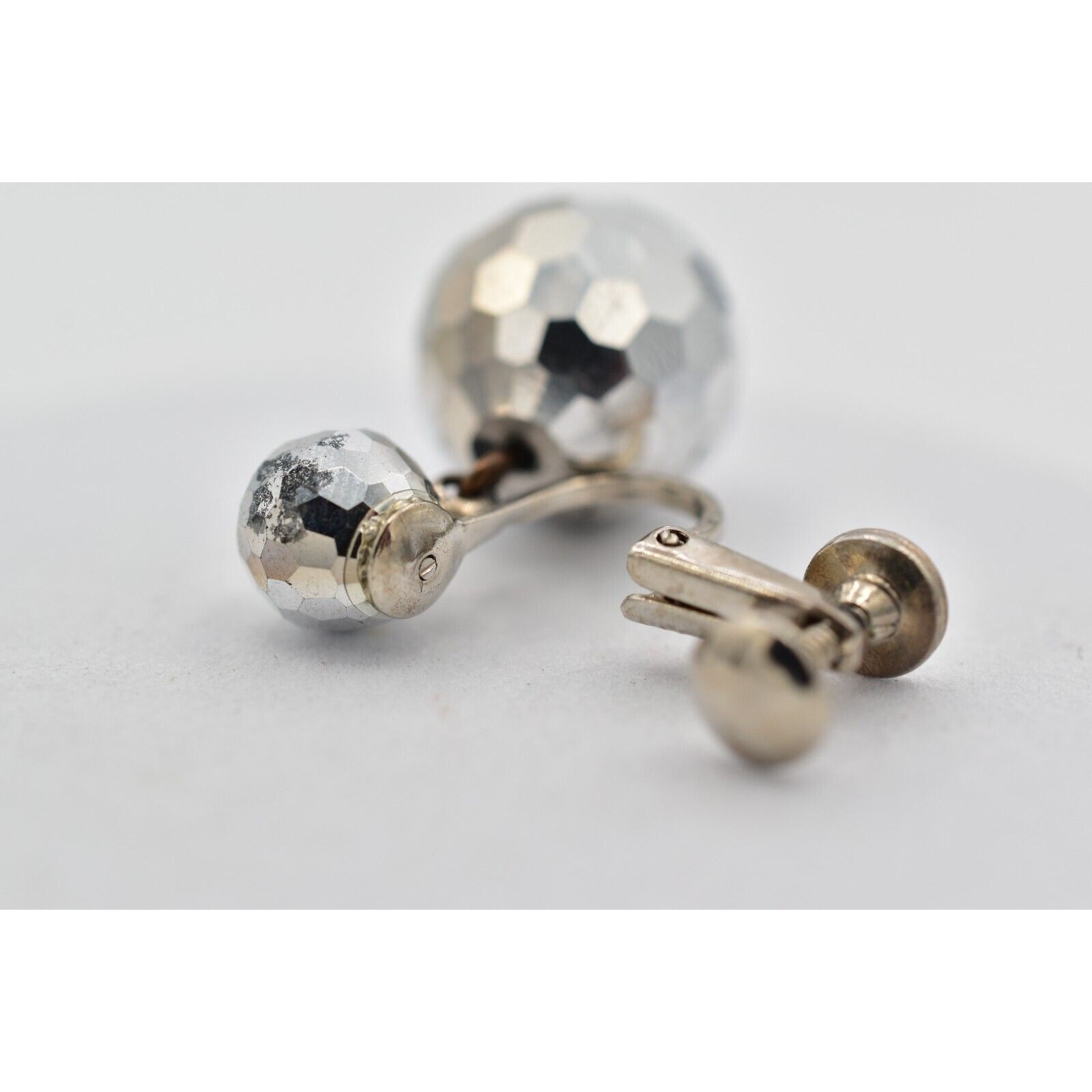 Vintage Crystal Clip On Earrings Silver Dangle Disco Ball Drop Glam 1950s A24