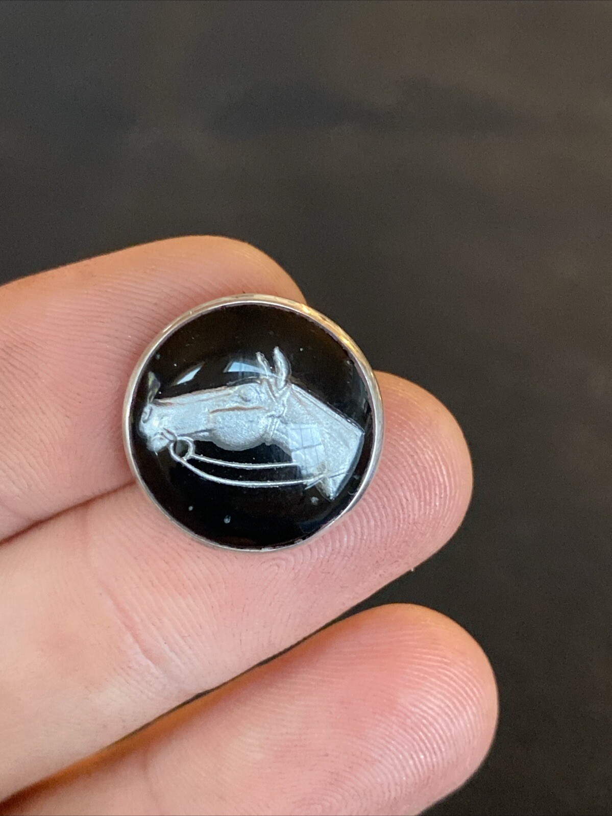 Antique Bubble Goofus Glass Reverse Painted Carved Intaglio Horse Equestrian Pin