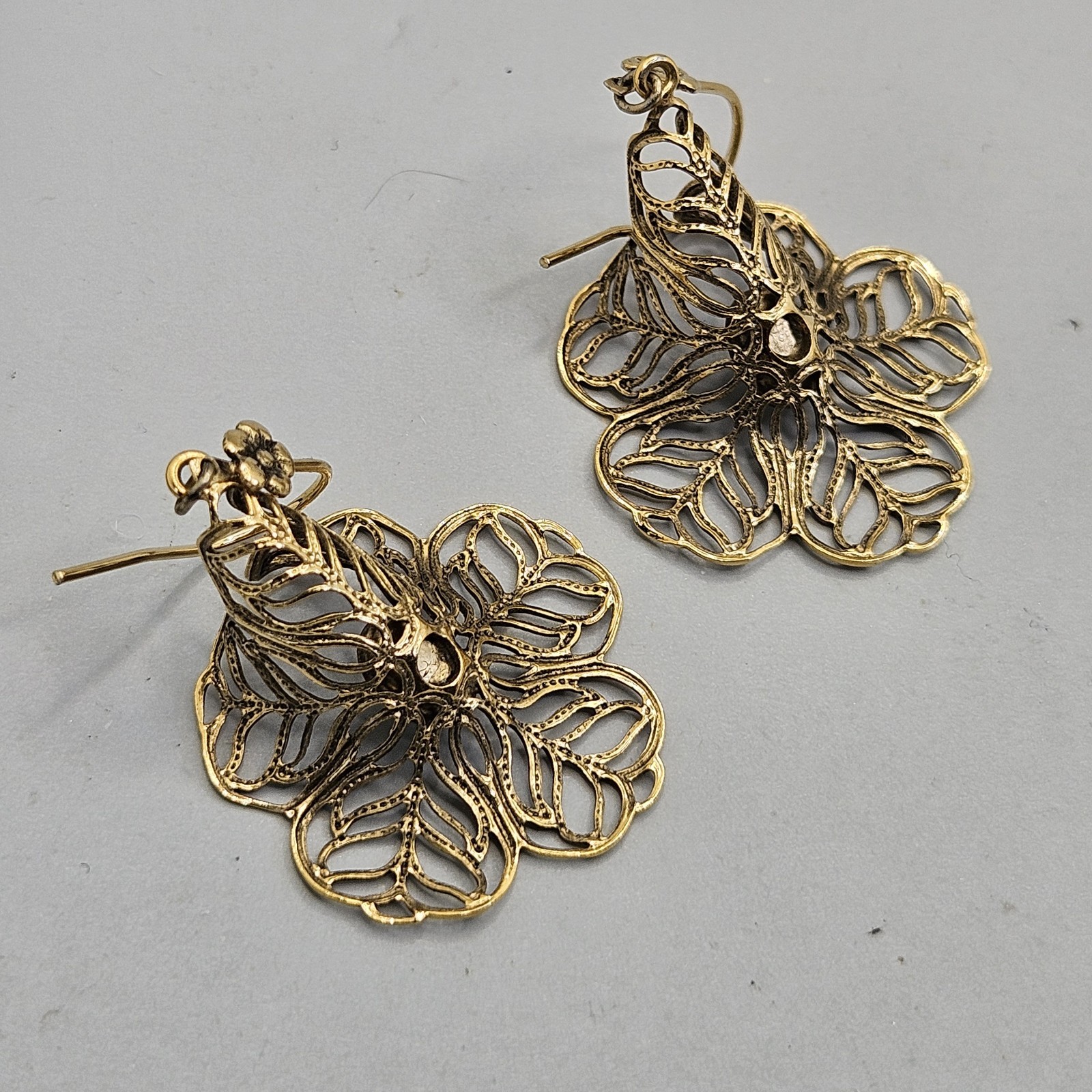 Vintage Gold Tone Filigree Faux Pearl Earrings Dangle Pierced`Hook Bell Flower