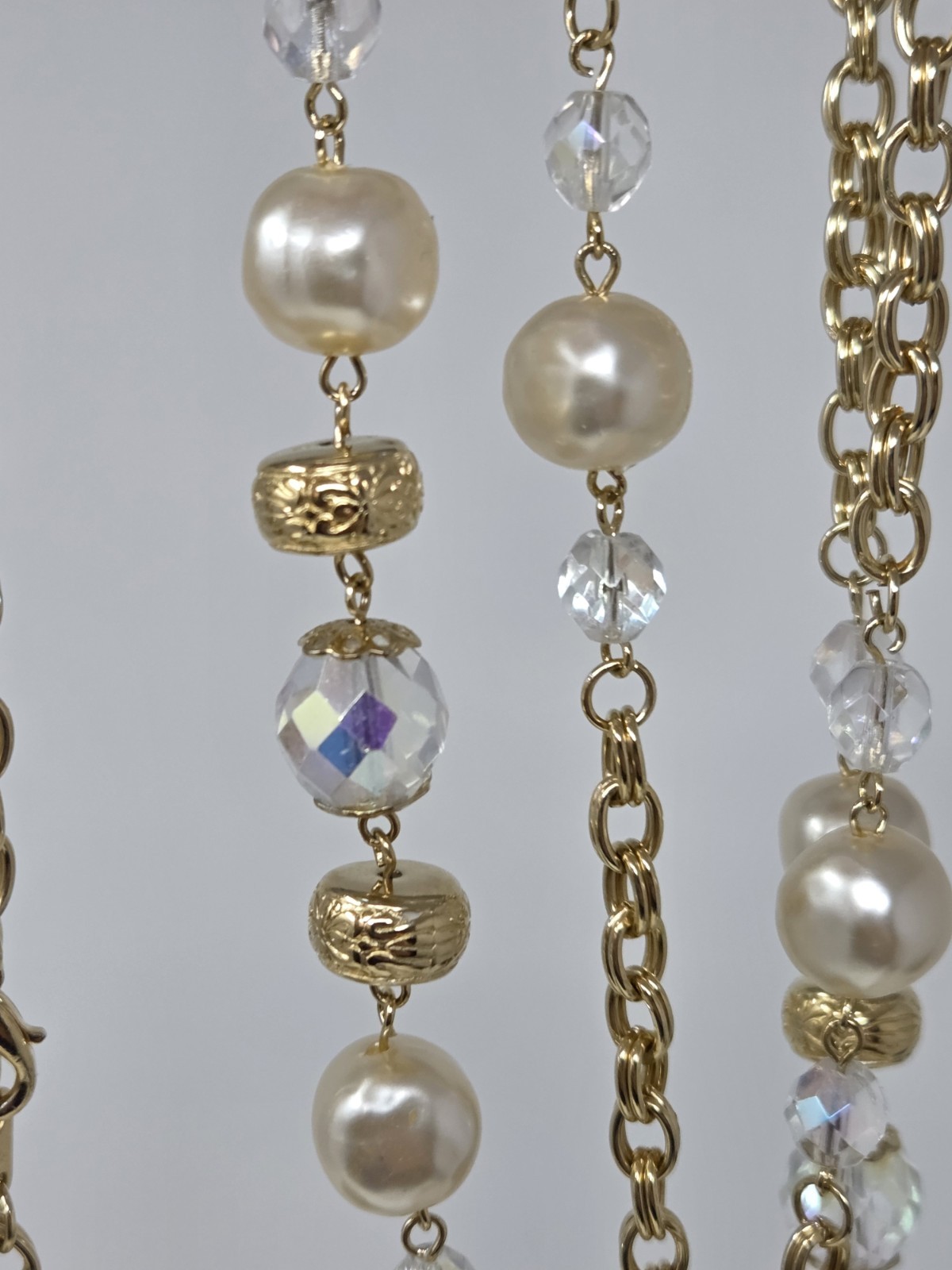 Gold Tone AB Crystal & Faux Pearl Chain Necklace 60 Inches Long Vintage