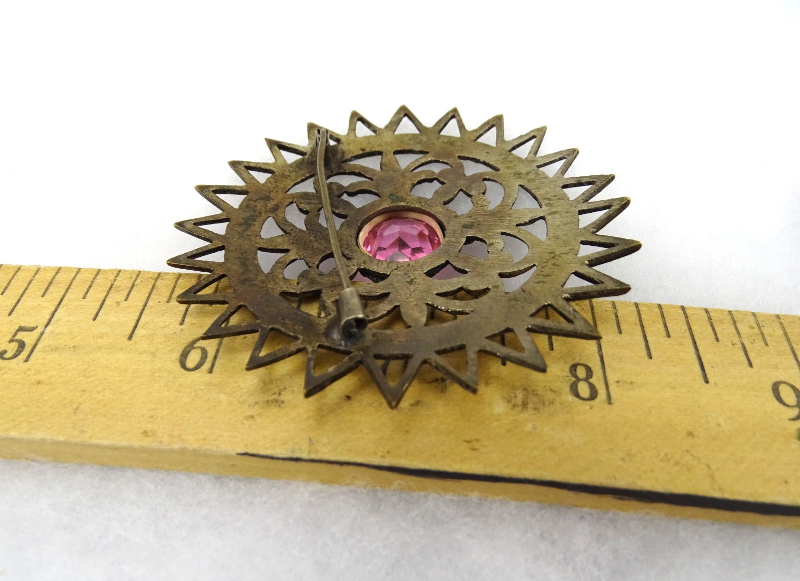 Antique Large Round Brass Sunburst Brooch, Oval Pink Stone, C-clasp