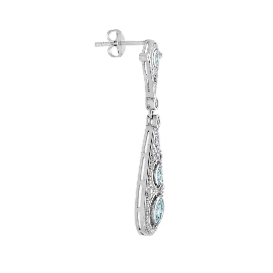 Art Deco Style Aquamarine & Lab Created Diamond14K White Gold FN Wedding Earring