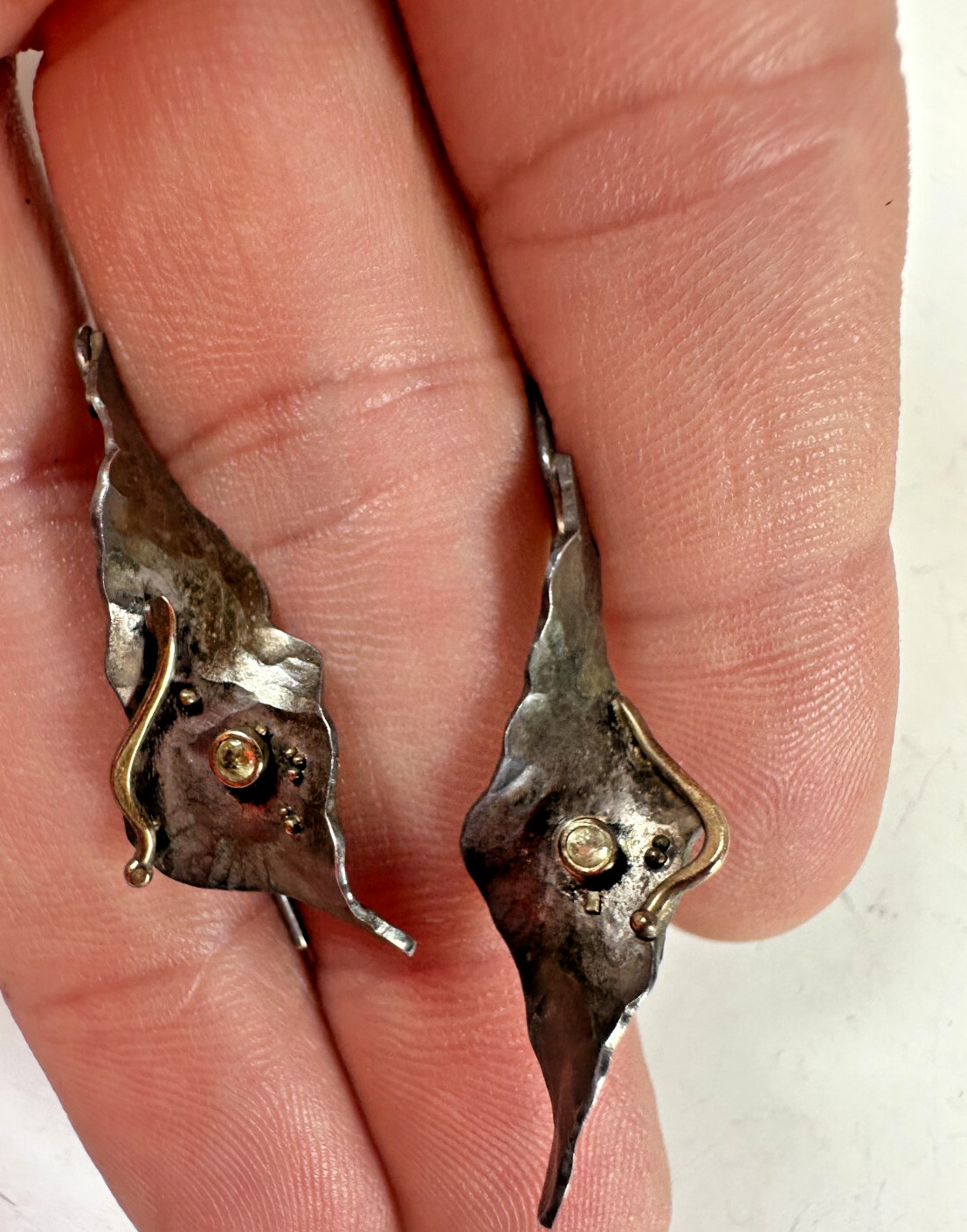Vintage Earrings Leaf Shape Sterling Silver 18K Gold Nature Pierced Signed