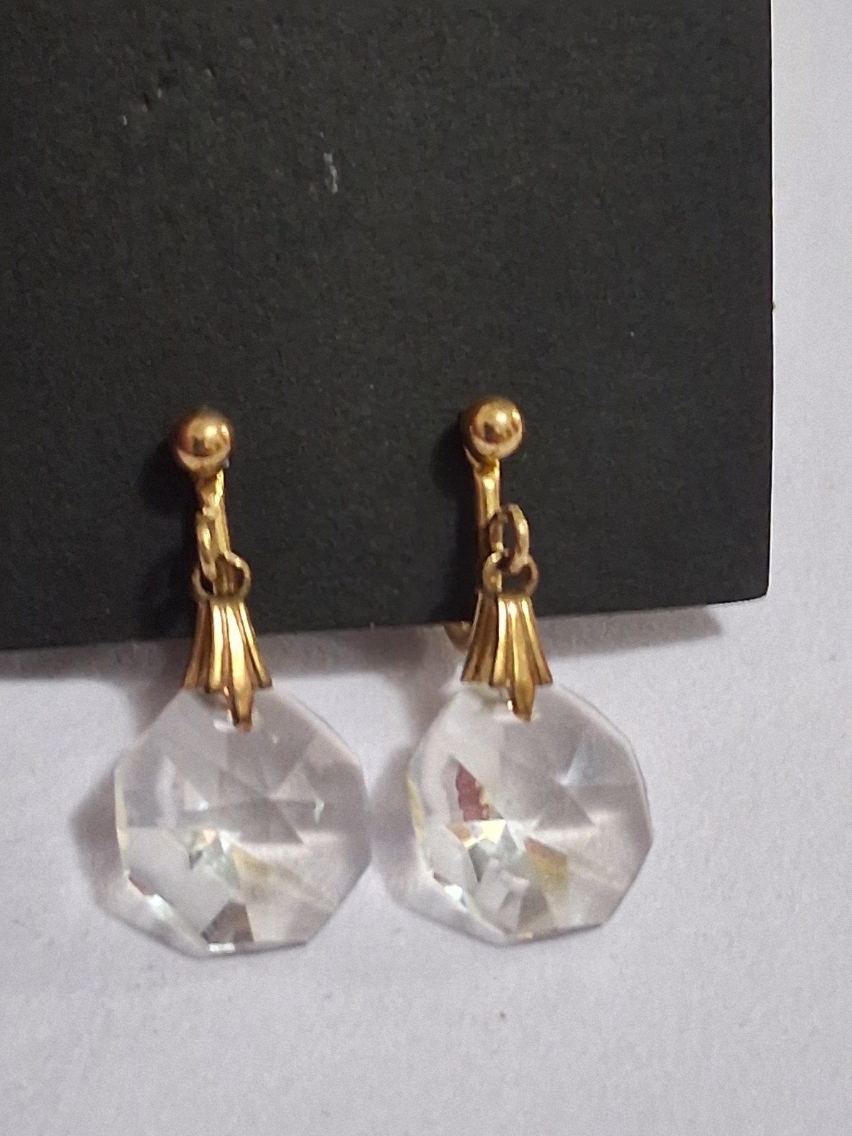 Gold filled faceted crystal dangle drop adjustable clip on earrings, geometric