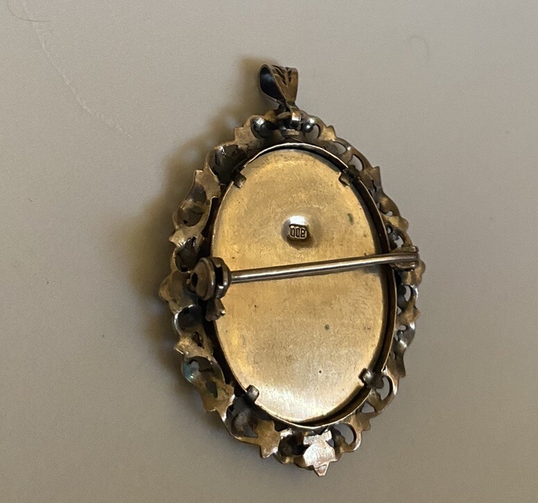 Vintage 800 Silver Filigree Blue Glass Hand Painted Portrait Brooch or Pendant