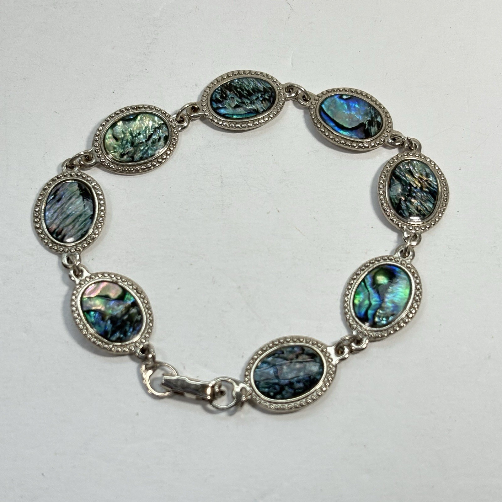 Vintage Silver Tone Abalone Link Bracelet Paua Shell Oval 8″