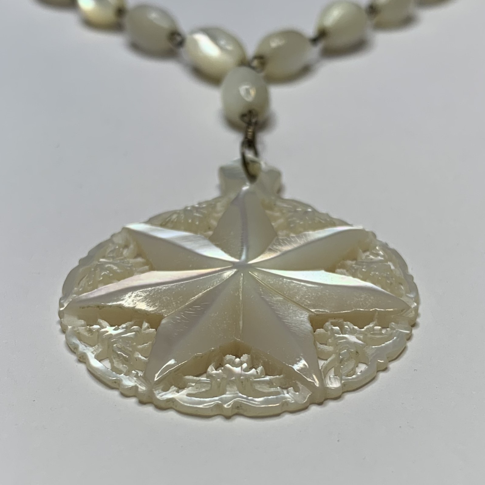 Vintage Mother of Pearl Bead Necklace with Star of Bethlehem MOP Pendant 23”