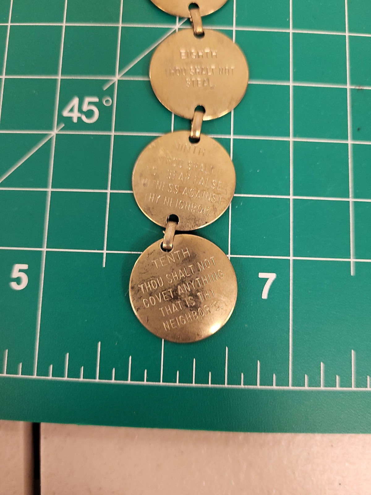 Vintage Ten Commandments Gold Tone Religious Medallion Coin Link Bracelet Clip