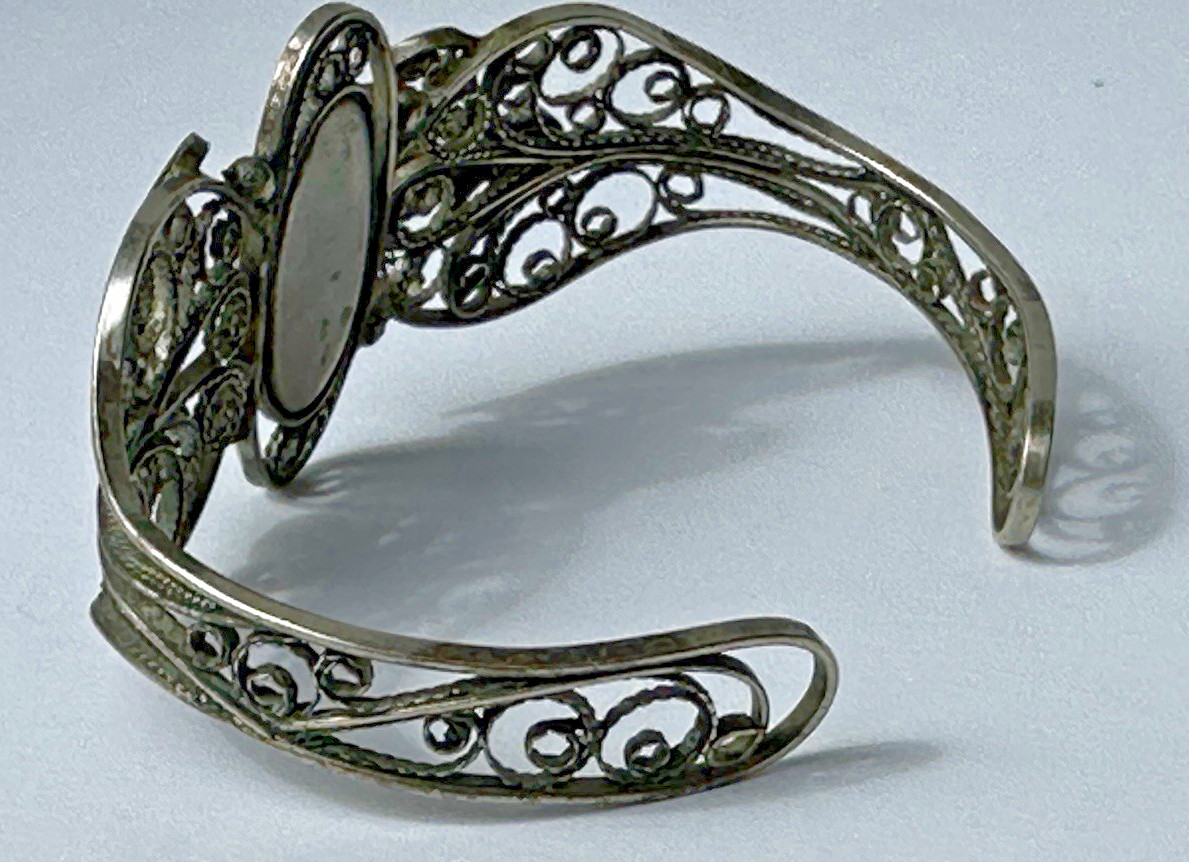 Vintage Painted Floral Motif Enamel Cuff Bracelet W/ Ornate Filigree