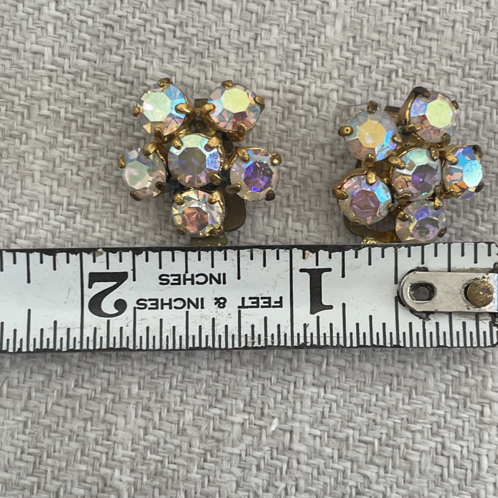 Vintage Floral Cluster Rhinestone Crystal Clip On Earrings Aurora Borealis