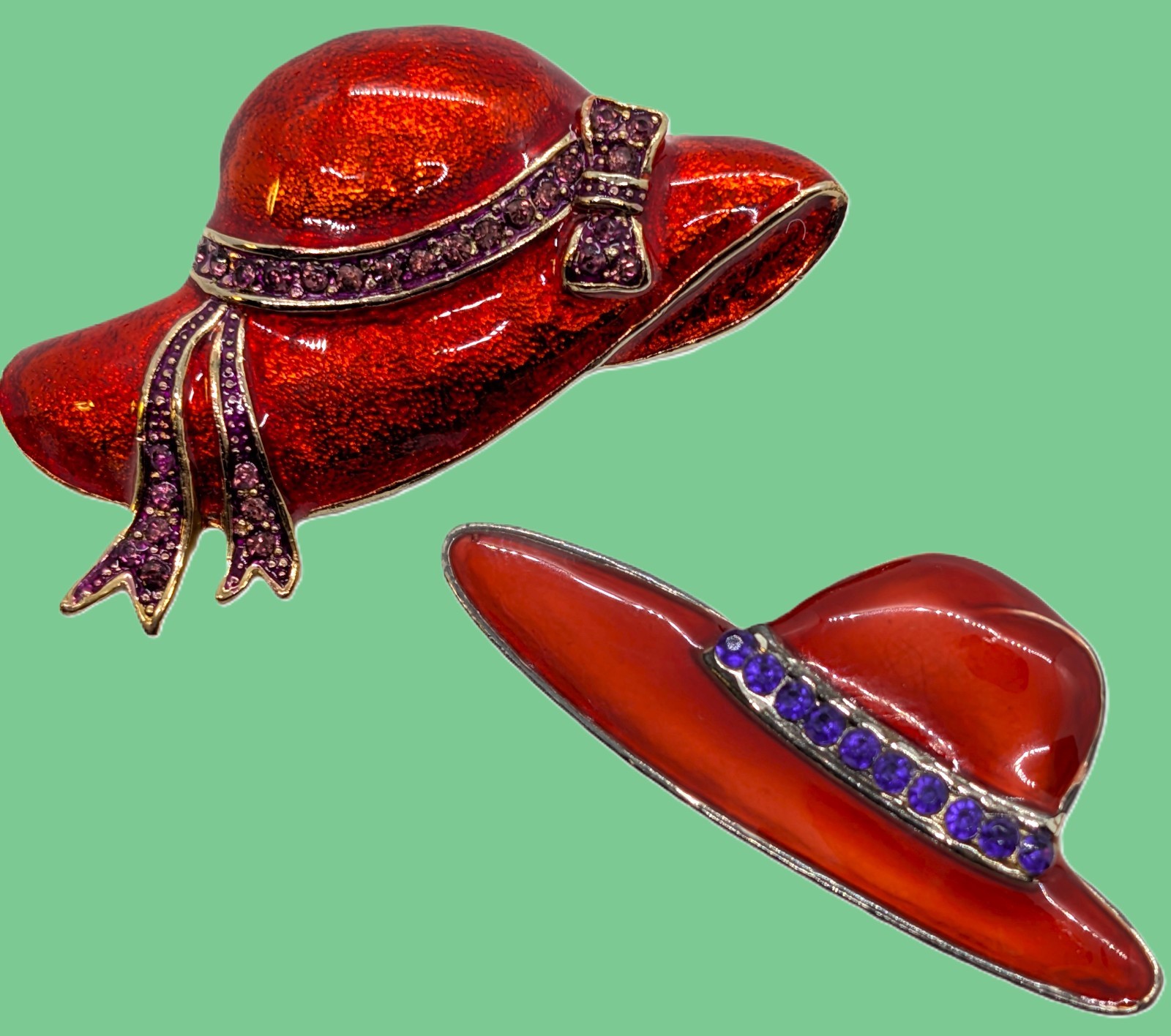 Vintage Red Hat Society Set of Two Red Enamel Purple Rhinestone Ribbon Brooches