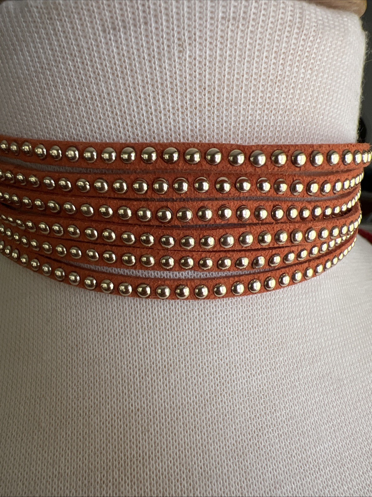 Vintage Boho Orange Suede Studded Wrap Choker 14”-15” Necklace Multi Strand