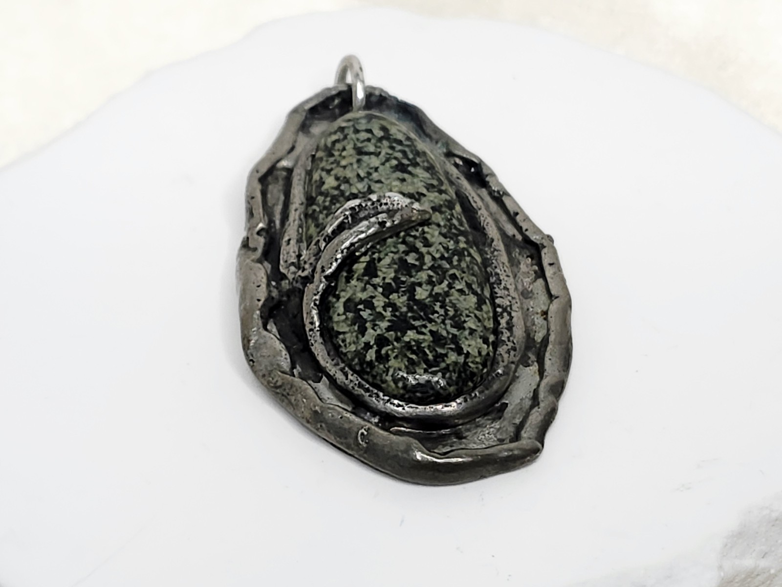 Handmade Nickel Silver Or Pewter Pendant W Polished Black & Green Stone – 2″ L