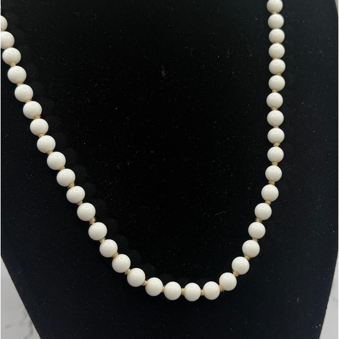 Monet White Glass Bead Necklace 18″ Hand Knotted 5.3mm Signed