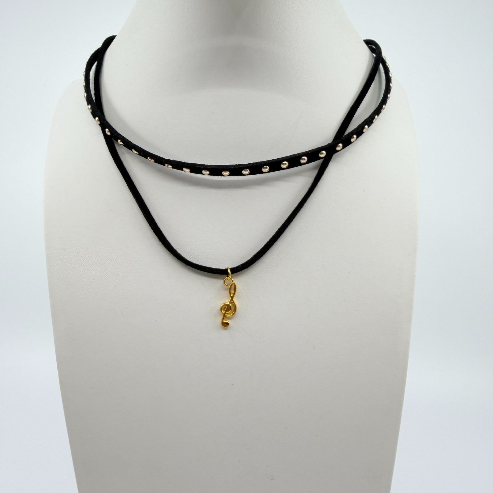 Vintage Black Choker Necklace Layered Double Strand Suede Studded Treble Clef