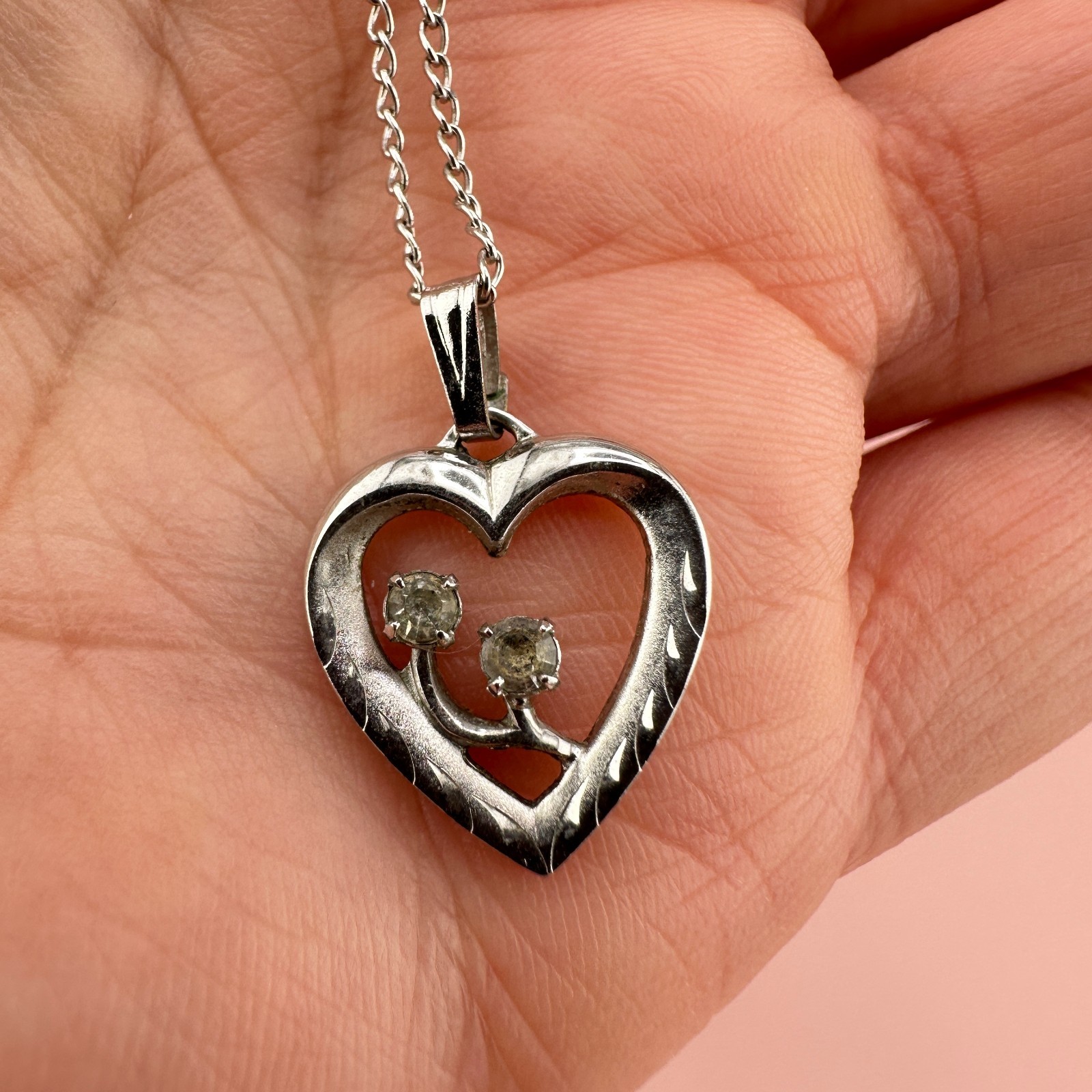 Vintage Sterling Silver Rhinestone Heart Pendant Necklace 925 Chain 16″ Signed