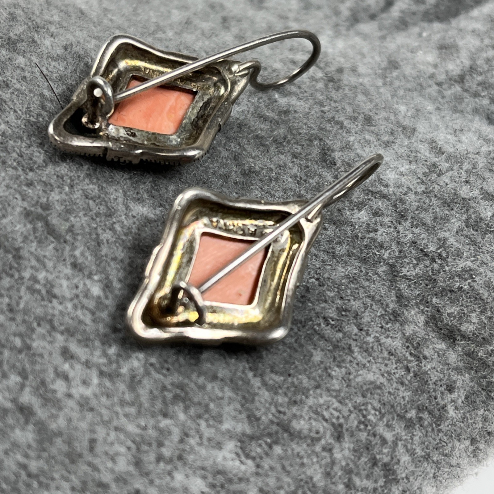 A 925 Vintage Sterling Silver 925 Marcasite Faux Coral Dangle Earrings 6.9g