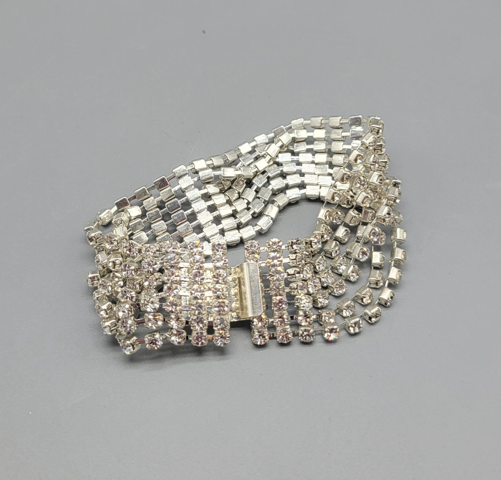 Vintage Silver Tone 7 Multi-strand Layered Clear Rhinestone Wrap Bracelet B1A