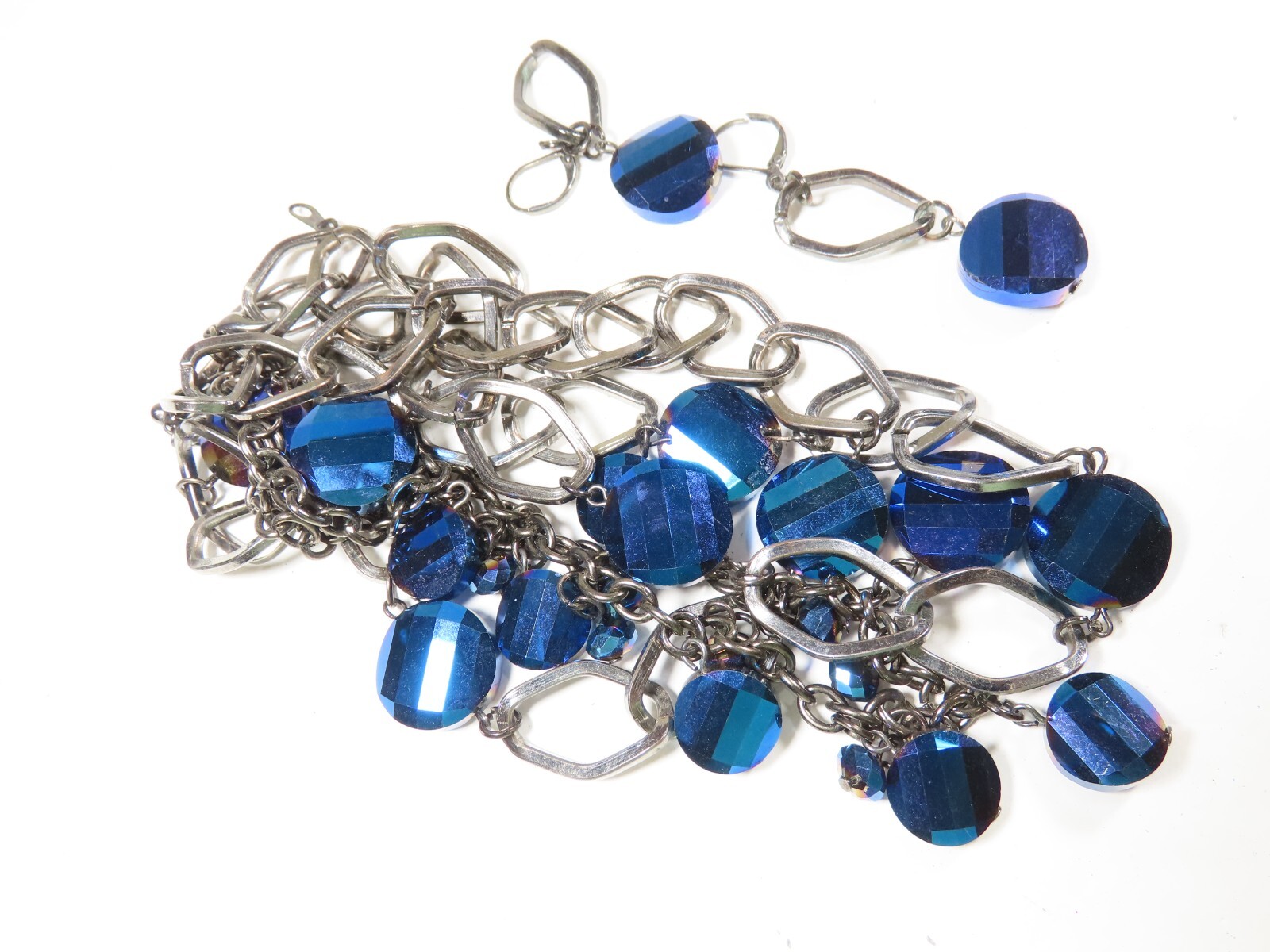 Vintage Blue Beaded Glass Faceted Crystal Necklaces Earrings Set Pierced C4802