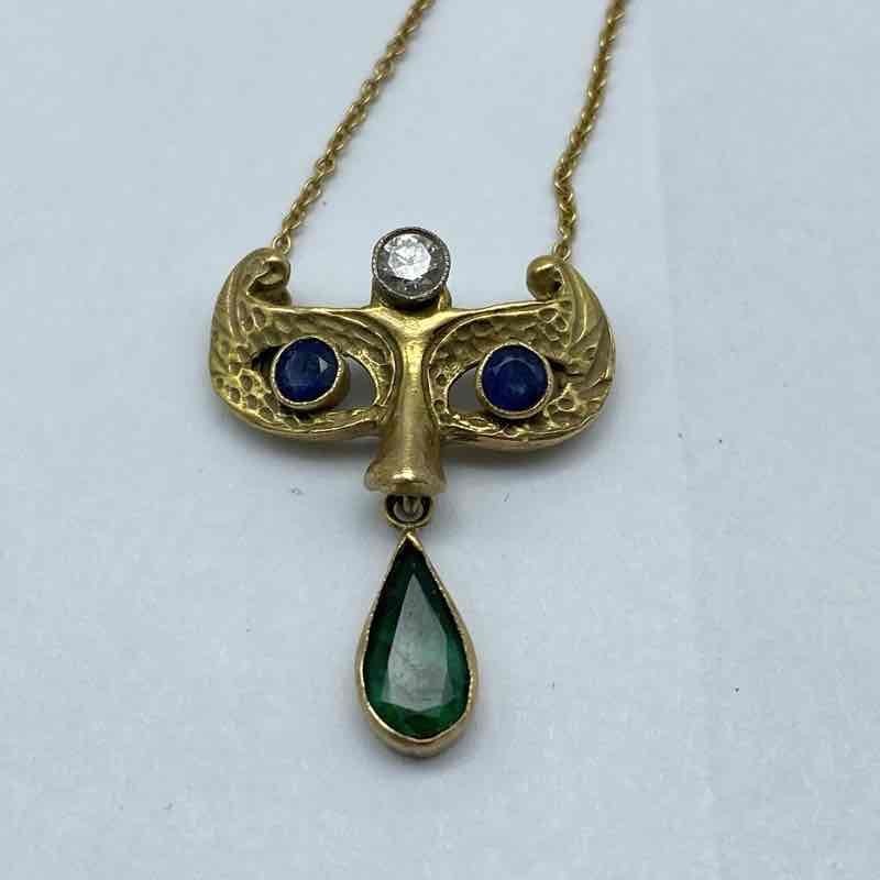 Vintage 14K Yellow Gold Diamond Sapphire Figural Mask Necklace 16.25″ 5.3g
