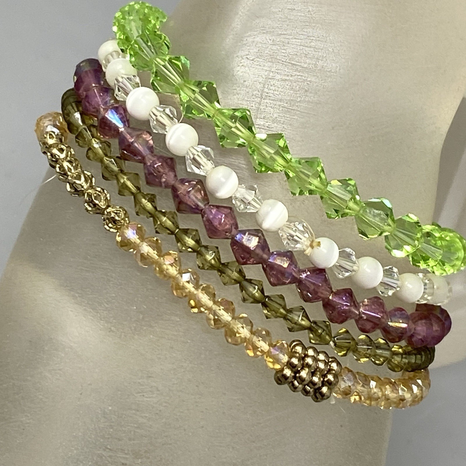 Glass Beaded Bracelet Lot (5) Purple Green White Stretch Mini Faceted Coated 6″