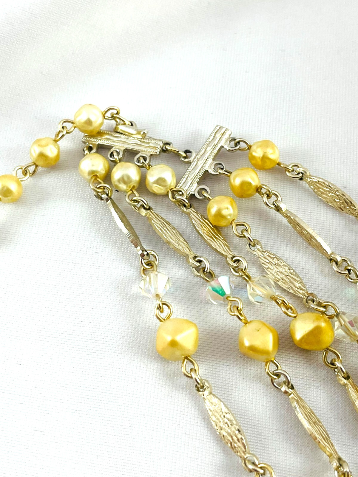 Vtg Multi Strand Faux Pearl Bicone Crystal Silver Tone Necklace Japan