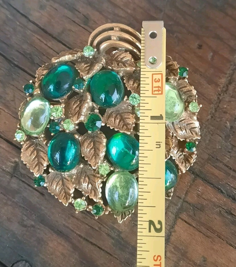 Vtg Arthur Pepper Brooch Pin Greens Cabochon Rhinestone Gold Leaves Gripoix RARE